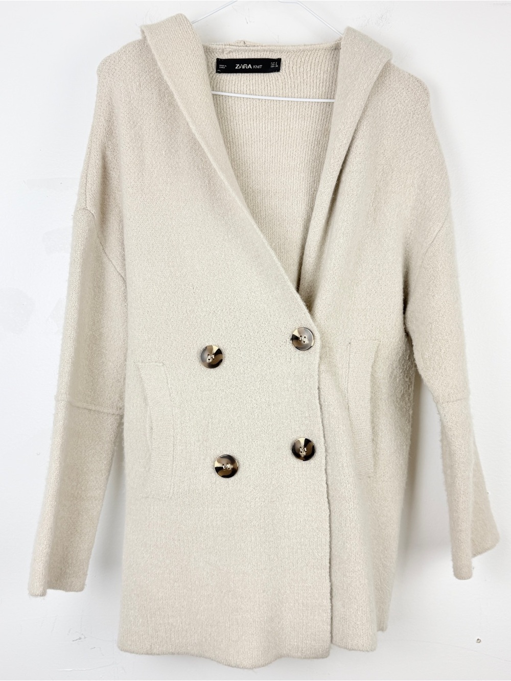 Zara Knit Cream Hooded Cardigan Sweater Coat Double Breasted Soft Size S